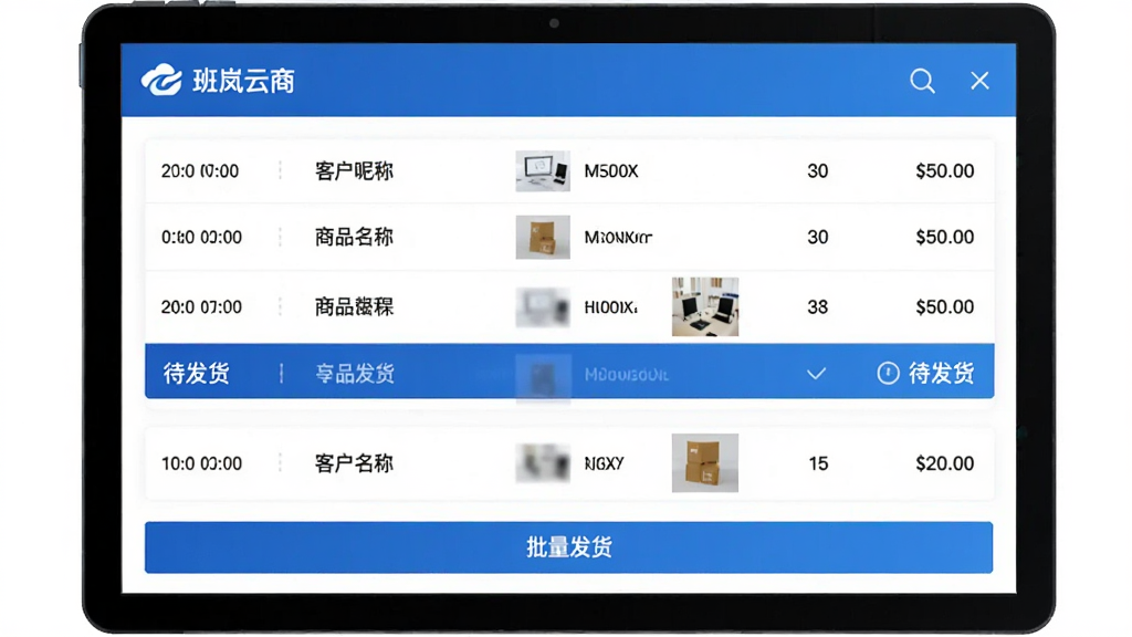 操作界面示意图,屏幕显示“班岚云商”的订单列表页,每行订单包含时间、客户昵称、商品缩略图、数量和金额,其中一条订单高亮显示“待发货”状态,底部有“批量发货”按钮,界面采用蓝白配色,风格商务清晰,画质干净