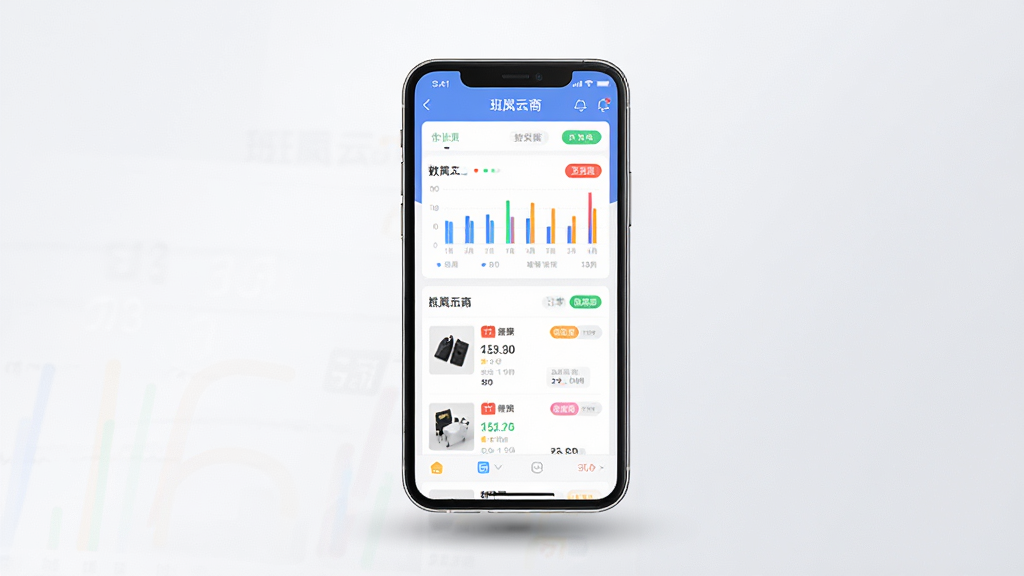 主视觉展示图,画面中央是一部智能手机,屏幕中清晰显示“班岚云商”的软件主界面,界面包含彩色数据图表、商品列表和订单状态标签,手机下方有柔和阴影,背景为干净的浅灰色渐变,整体风格现代简约,突出移动办公与高效管理的氛围,画质高清,干净无多余元素