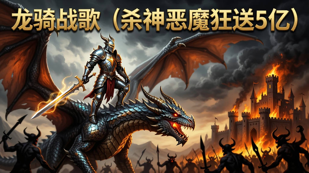 主体:一位身穿闪亮铠甲、手持发光长剑的龙骑士,站立在巨龙背上,俯瞰下方恶魔军团。布局:龙骑士居中偏左,巨龙张开双翼,画面右侧是燃烧的城堡和黑云。排版:主角与巨龙占画面主体,背景为战场。风格:写实魔幻,光影强烈,色彩浓郁。细节:龙鳞反光、武器特效、恶魔剪影。画质:8K超清,干净,无多余元素。文字:“龙骑战歌(杀神恶魔狂送5亿)”以金色立体字显示在画面顶部。
