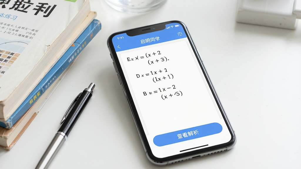画面展示“启明同学”App的题库练习界面,屏幕上显示一道数学选择题,下方有“查看解析”按钮。手机侧方摆放着几本教科书和一支笔,背景为简洁的书桌。布局以手机为主,突出屏幕内容,风格写实,光线充足,画质清晰,干净利落。