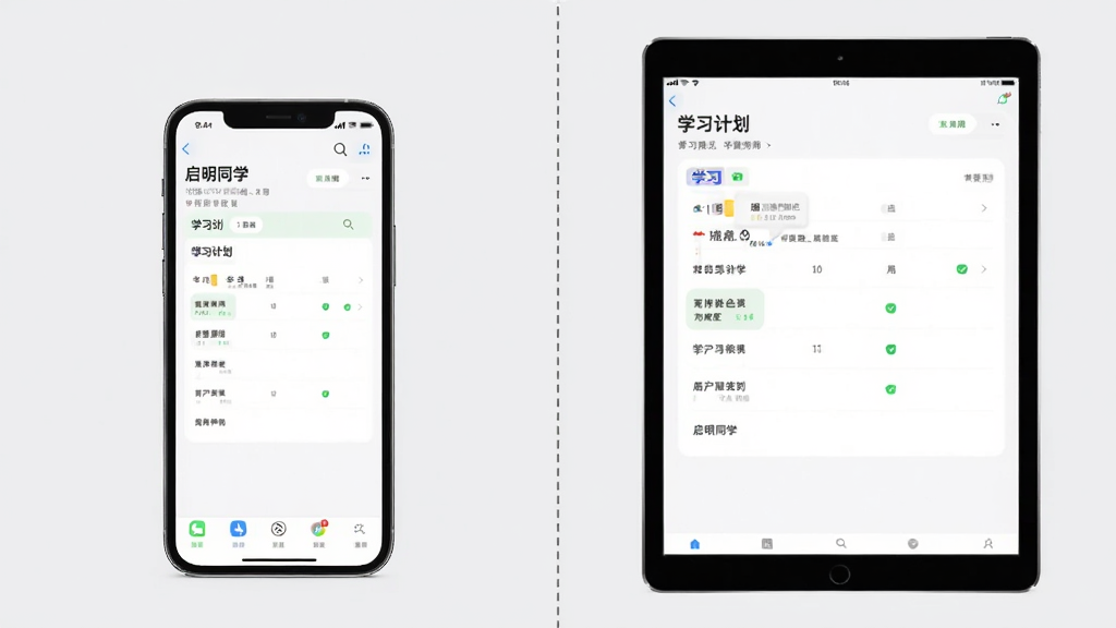 画面为“启明同学”App在手机和平板上的使用对比图,左边是手机界面,右边是平板界面,都展示着学习计划页面。背景为浅灰色,中间用虚线分隔,整体布局对称,风格简约,画面干净,突出跨设备适配能力,画质清晰。