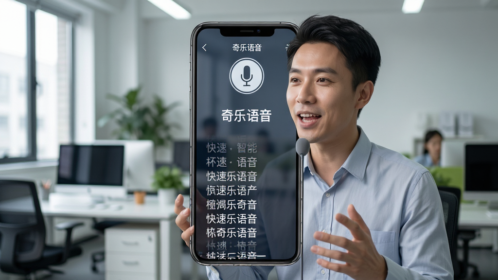 奇乐语音智能识别功能演示,屏幕显示手机界面,上方有麦克风图标,下方文字快速滚动出现,背景为办公室场景,人物正在说话,界面标注“奇乐语音”名称,画质清晰,细节丰富