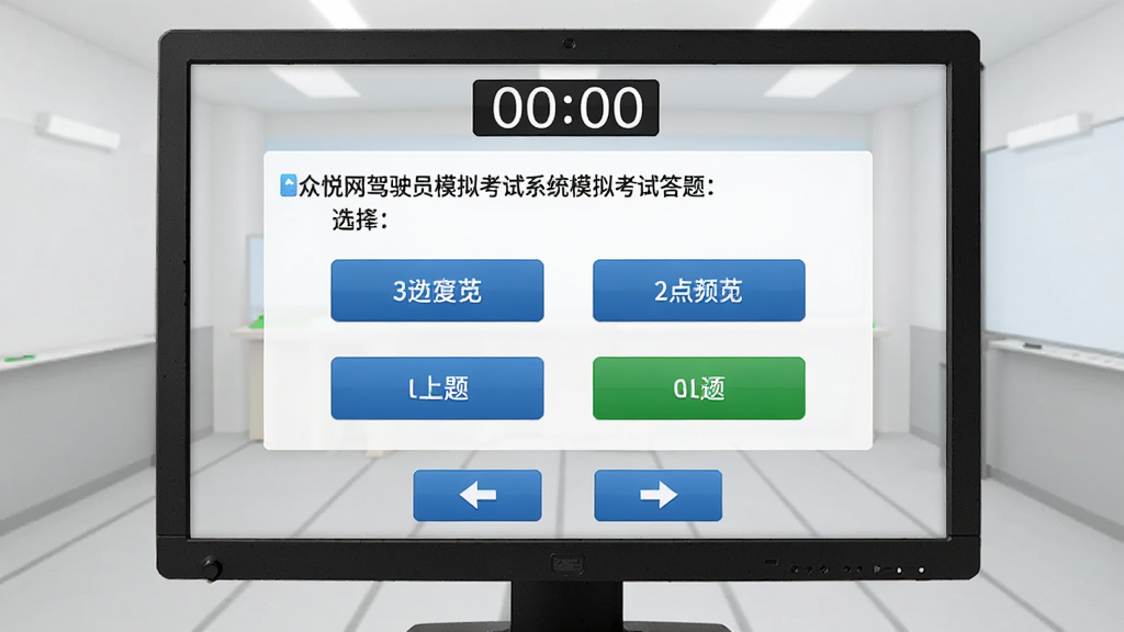 众悦网驾驶员模拟考试系统模拟考试答题页面,显示一道选择题,四个选项按钮,顶部有倒计时器,底部有上一题下一题导航,背景为浅灰色模拟考场风格,UI设计贴近真实考试电脑屏幕,画质细腻,干净无杂物