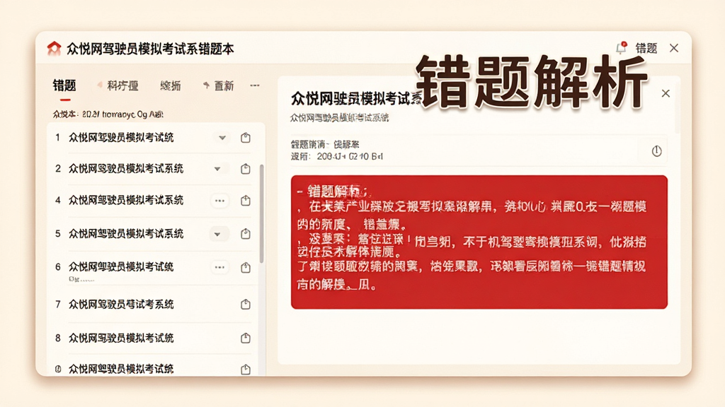 众悦网驾驶员模拟考试系统错题本界面,左侧为错题列表,右侧展示题目详情与红色解析文字,背景为暖白色,界面带有柔和阴影,排版整齐有序,突出“错题解析”字样,画质清晰专业