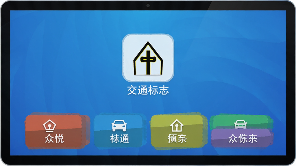 众悦网驾驶员模拟考试系统专项训练界面,屏幕中央显示“交通标志”分类图标,下方分布着多个彩色功能按钮,背景采用渐变蓝色,扁平化设计风格,图标清晰,现代感十足,画质干净无冗余