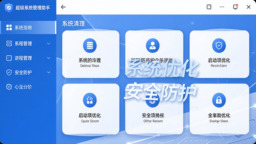 主体:超级系统管理助手主界面,展示系统清理、进程管理、启动项优化等核心功能模块,界面布局清晰,左侧为功能导航栏,右侧为内容展示区,整体风格简约现代,采用蓝色和白色为主色调,细节上突出“系统优化”与“安全防护”字样,画质高清,干净无多余元素。