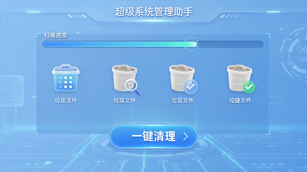 主体:超级系统管理助手进行系统清理时的扫描界面,显示扫描进度条和已发现的垃圾文件类型图标,背景为淡蓝色科技感风格,布局居中,细节突出“一键清理”按钮,画质清晰干净。