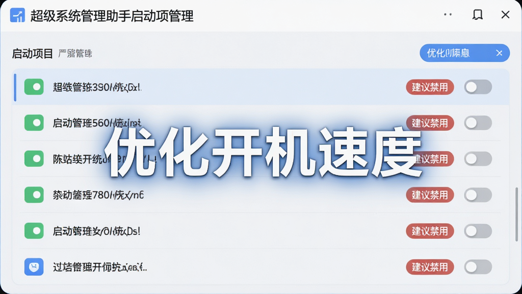 主体:超级系统管理助手启动项管理界面,展示启动项列表,每项带有开关按钮和“建议禁用”标签,界面以浅色为主,布局清爽,细节突出“优化开机速度”字样,画质干净。