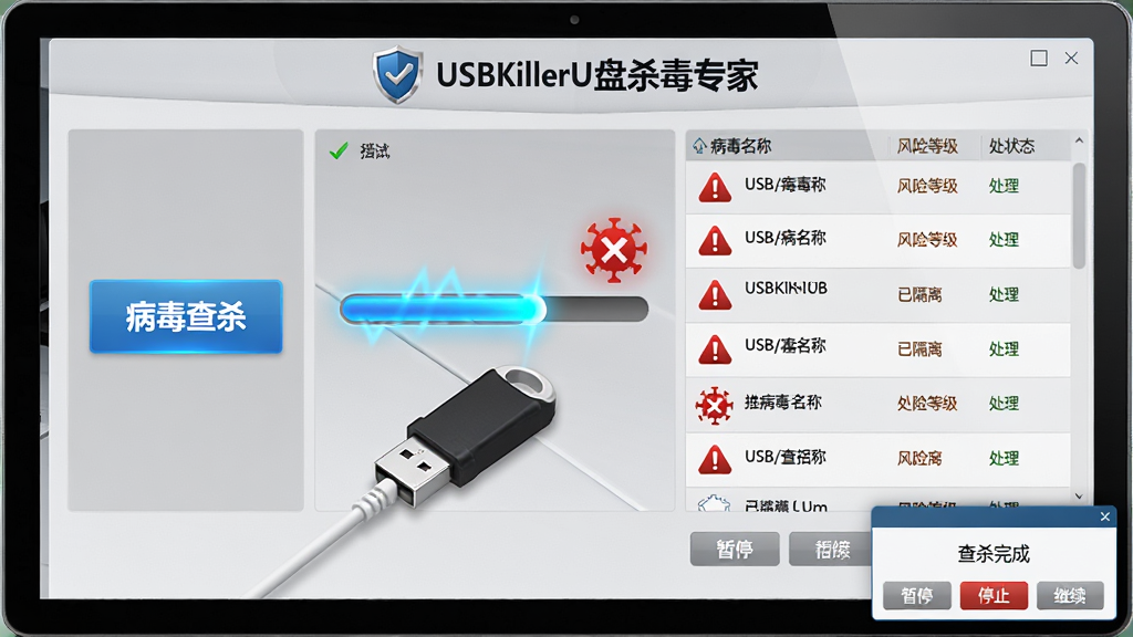 主体:USBKillerU盘杀毒专家的病毒查杀界面,屏幕中央显示一个U盘插入电脑,扫描进度条快速前进,旁边病毒库图标闪烁。布局:界面左侧为“病毒查杀”大按钮,右侧为扫描详情列表,每行显示病毒名称、风险等级和处理状态,底部有“暂停”“停止”“继续”控制按钮。排版:病毒列表以表格形式排列,顶部有“USBKillerU盘杀毒专家”字样和盾牌Logo,背景为浅灰色调,整体简洁明了。风格:写实与扁平结合,扫描进度条为动态蓝色光效,病毒图标为红色警告样式,强调安全高效。细节:扫描过程中,一个病毒文件被红色叉号标记,并显示“已隔离”字样,界面右下角有“查杀完成”弹窗。画质:高清渲染,细节丰富,画面干净,无多余元素。