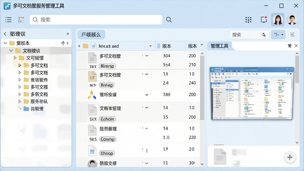 画面主体为多可文档管服务管理工具软件主界面,左侧为文件夹树形目录,右侧为文件列表与预览窗口,顶部有搜索栏和功能按钮。整体布局清晰,浅蓝色背景,扁平化设计风格,界面文字显示“多可文档管服务管理工具”,细节包括文件图标、版本标记、用户头像,画质高清干净,无多余元素