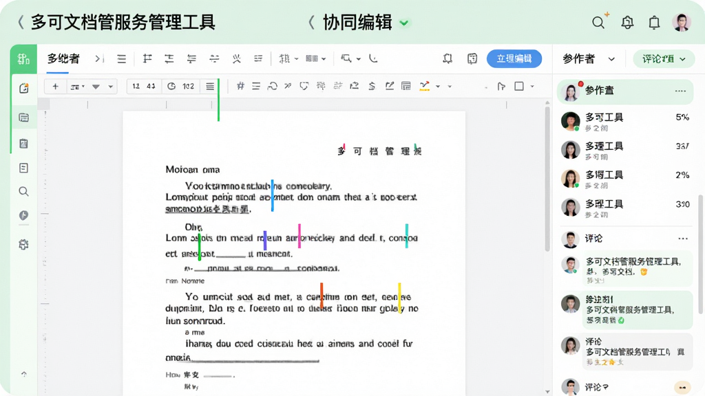 主体为多可文档管服务管理工具的在线协同编辑界面,中央为文档编辑区,右侧为参与者列表与评论栏。布局清爽,浅绿色点缀,界面文字显示“多可文档管服务管理工具”和“协同编辑”,文档中有不同颜色的光标标记,画质高清,无多余元素
