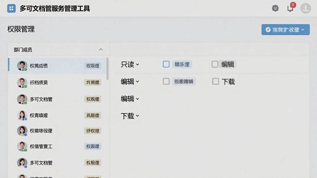 图片主体为多可文档管服务管理工具的权限设置面板,左侧为部门成员列表,右侧为权限勾选区域,包含“只读”“编辑”“下载”等选项。整体布局对称,浅色商务风格,界面文字显示“多可文档管服务管理工具”和“权限管理”,细节有用户头像与权限标签,画质干净,无多余元素
