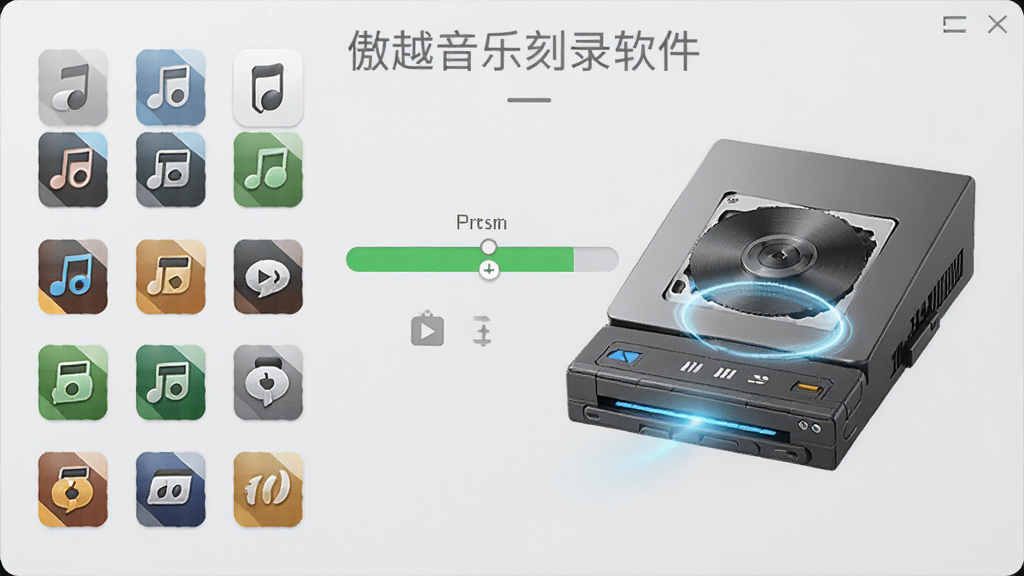 傲越音乐刻录软件功能展示图,左侧多种音频格式图标排列,右侧光驱写入动画,中间有转换进度条,背景浅灰色,排版清晰,细节丰富,画质干净,无多余元素