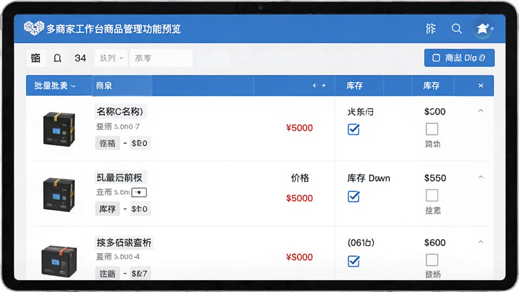 拼多多商家工作台商品管理功能预览图,展示商品列表页面,包含商品图片、名称、价格、库存等字段,支持批量勾选操作,界面风格简洁商务,蓝色主调,布局规整,细节清晰,画质高清,干净无多余元素