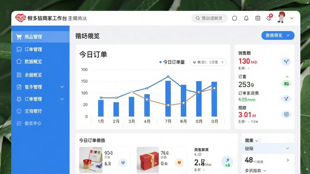 拼多多商家工作台主界面预览图,左侧导航栏显示商品管理、订单管理、数据概览等模块,中央区域展示今日订单量、销售额图表,整体风格简洁明亮,蓝色主题色,界面布局清晰,细节丰富,画质高清,干净无多余元素