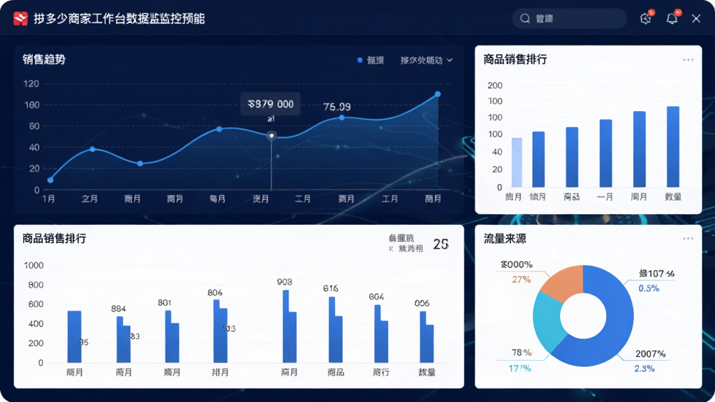 拼多多商家工作台数据监控功能预览图,展示销售趋势折线图、商品销售排行柱状图、流量来源饼图等数据可视化组件,界面以深蓝和白色为主,科技感强,布局清晰,细节丰富,画质高清,干净无多余元素