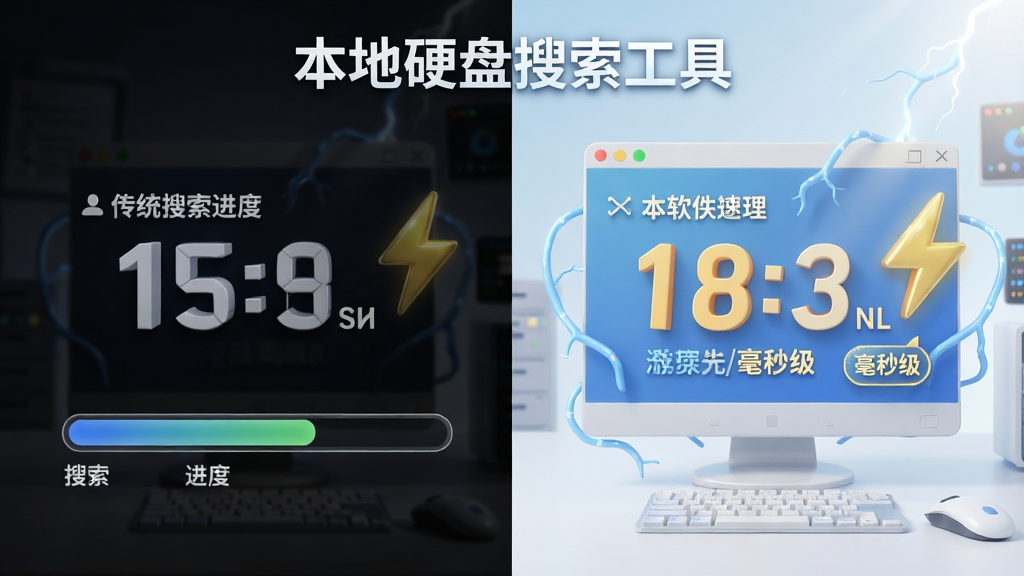 画面主体为“本地硬盘搜索工具”性能对比图表,左侧传统搜索进度条缓慢,右侧本软件光速完成。布局采用左右分屏对比,左侧昏暗,右侧明亮。排版清晰展示巨大耗时数字对比。风格为信息图表与3D渲染结合。细节包括闪电图标和“毫秒级”文字标注。画质精细,干净明亮,无多余元素。
