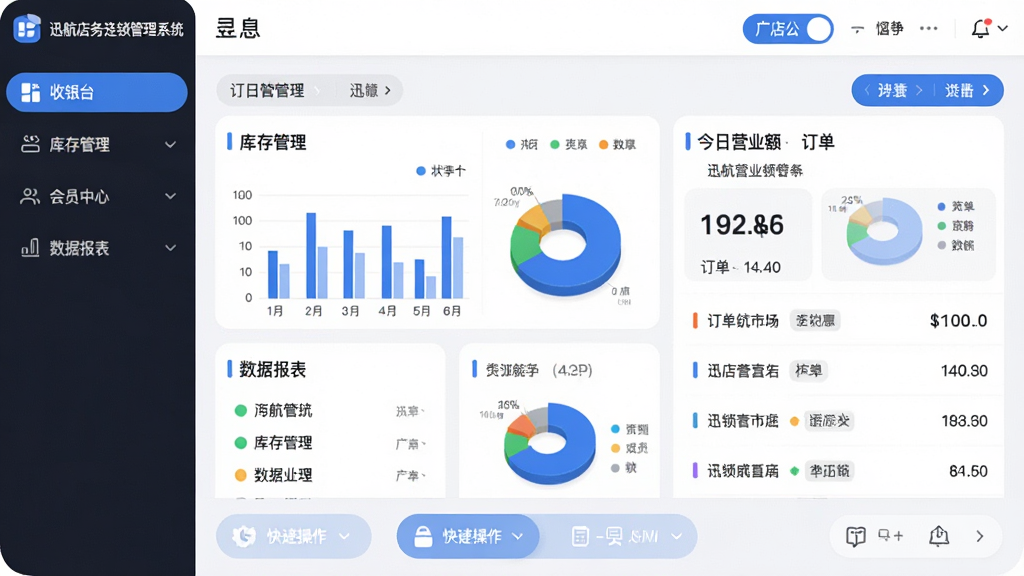 主体:迅航店务连锁管理系统的软件主界面,展示多门店管理后台,左侧菜单包含收银台、库存管理、会员中心、数据报表,中央为今日营业额与订单列表。布局:清晰的信息架构,顶部为门店切换与通知图标,底部为快捷操作栏。排版:卡片式数据展示,图表与列表结合,字体简洁。风格:现代商务风,蓝白主色调,圆角设计。细节:界面中显示“迅航店务连锁管理系统”字样,数据面板有柱状图与饼图,门店列表带状态标签。画质:高清,干净,无多余元素。
