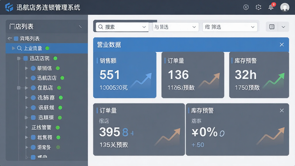 主体:迅航店务连锁管理系统在多门店管理界面,左侧为门店列表,右侧为选中门店的营业数据卡片,包含销售额、订单量、库存预警。布局:左右分栏,左侧树形门店结构,右侧数据看板。排版:数据卡片整齐排列,顶部有搜索与筛选栏。风格:信息可视化风格,蓝灰配色。细节:门店名称旁有在线状态圆点,数据卡片带趋势箭头,界面显示“迅航店务连锁管理系统”标题。画质:高清,干净,无多余元素。