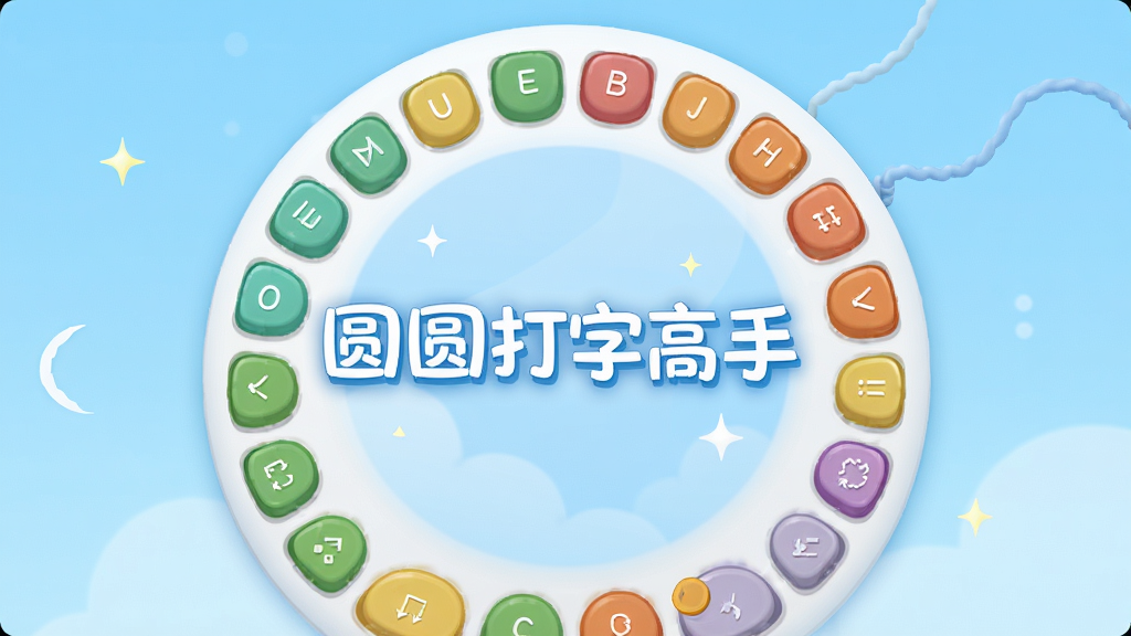 圆圆打字高手主界面预览图,展示圆形键盘布局与彩色键帽,背景为浅蓝色渐变,界面中央有“圆圆打字高手”字样,整体风格清新明亮,干净无多余元素,画质高清