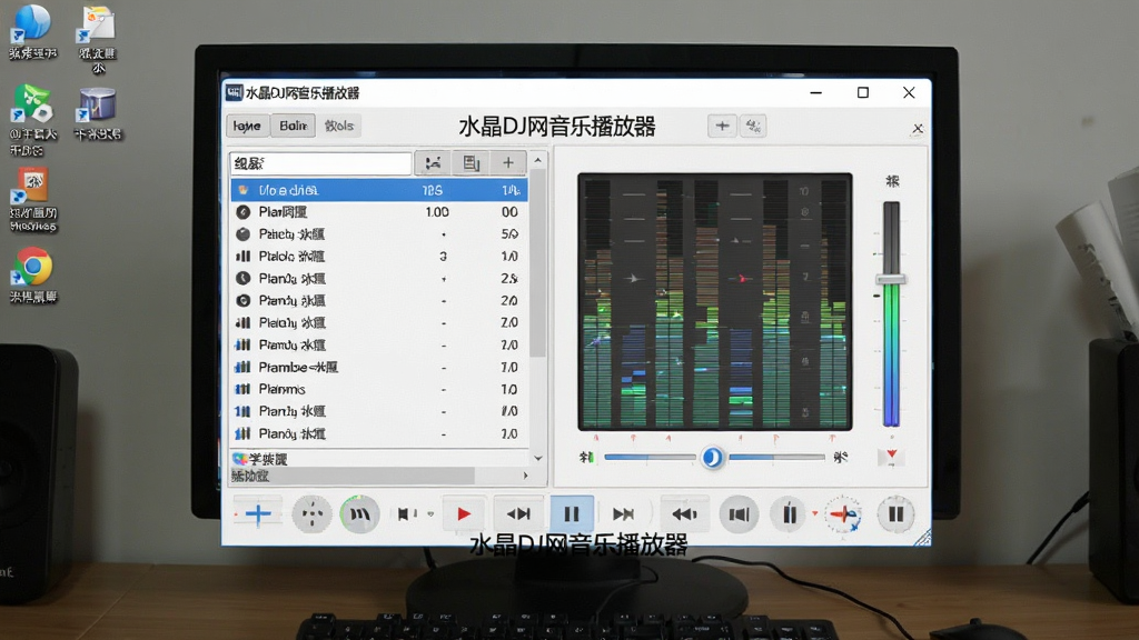 一张电脑桌面上运行“水晶DJ网音乐播放器”的实拍图,主体是播放器窗口,背景为桌面壁纸,窗口内显示播放列表和均衡器界面,画面真实自然,风格写实,文字标注“水晶DJ网音乐播放器”,画质清晰,干净无多余元素