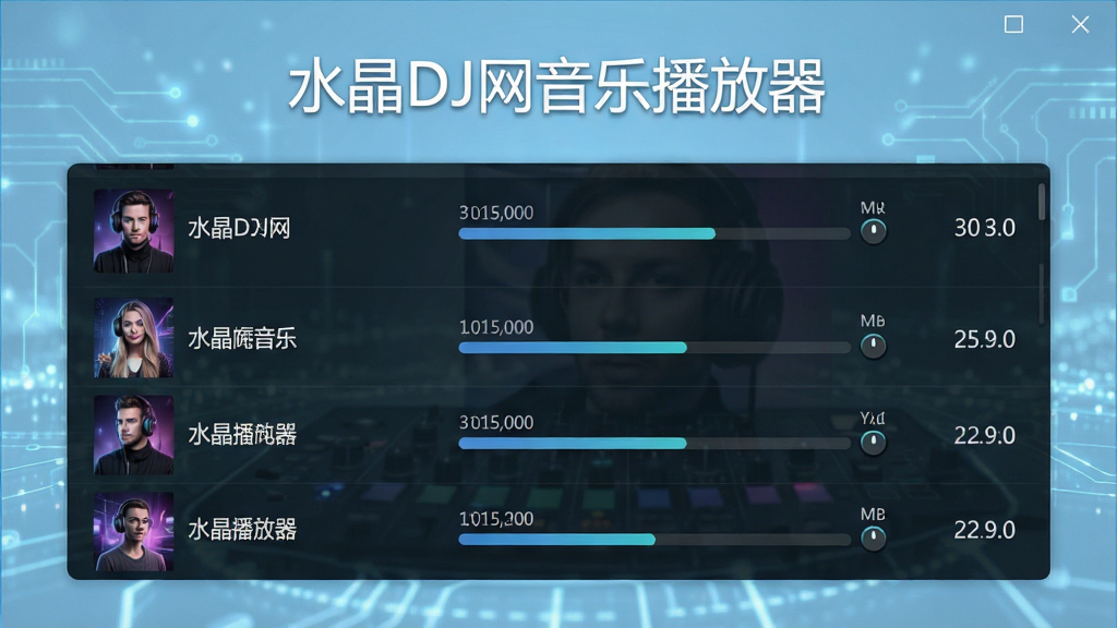 一张展示“水晶DJ网音乐播放器”下载管理界面的图片,主体是下载任务列表,显示歌曲名、进度条和速度,背景为淡蓝色科技风,界面简洁明了,文字标注“水晶DJ网音乐播放器”,画质高清,干净无多余元素