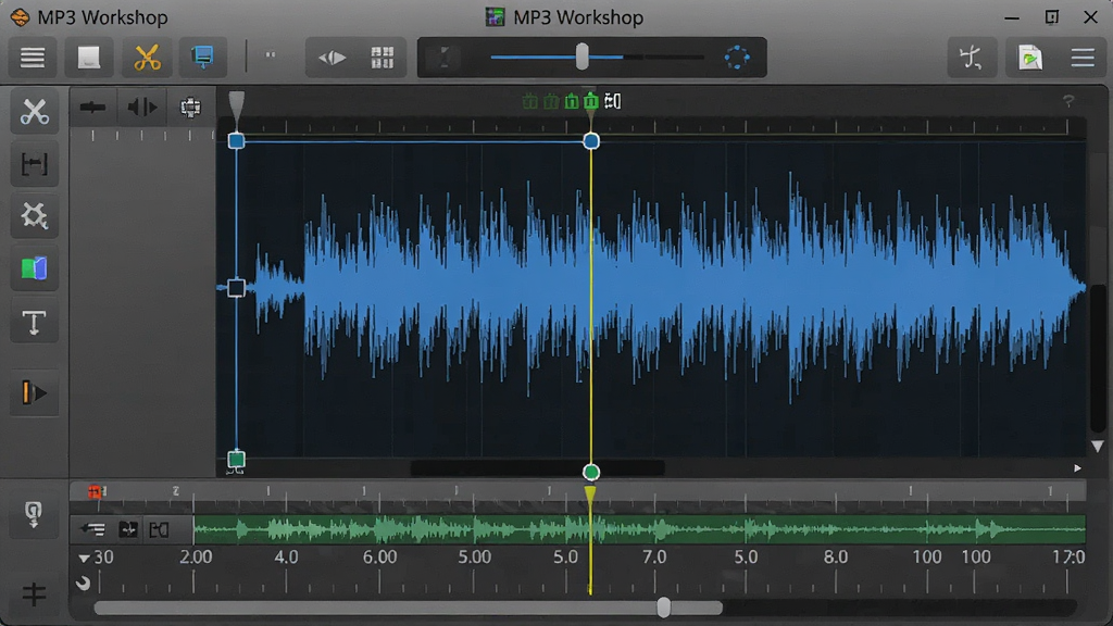 MP3 Workshop ��Ƶ�����������棬��ʾ��ɫ����ͼ����ѡ����Ǻͼ�������ͼ�꣬ʱ����̶�����������רҵ�Ҳ��ֺ��������ʸɾ��޶���Ԫ��