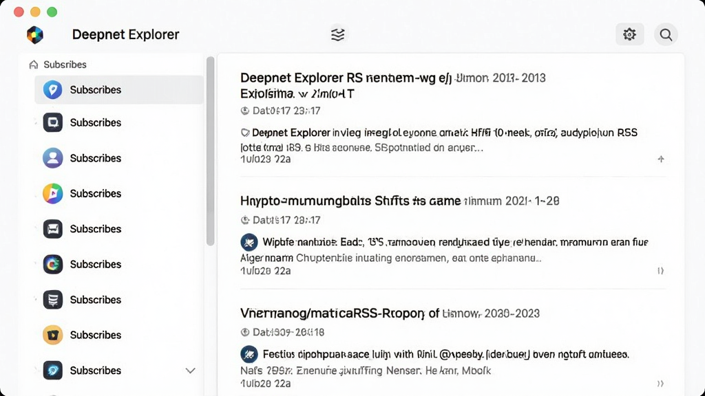 主体:Deepnet Explorer的RSS阅读器界面,展示订阅列表和文章摘要。布局:左侧为订阅源列表,右侧为文章预览区域。排版:列表清晰,文章标题和摘要整齐排列。风格:简洁实用,信息层次分明。细节:订阅源有图标标识,文章摘要显示发布日期。画质:高清,干净,无多余元素。