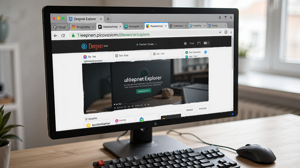 主体:用户正在使用Deepnet Explorer浏览网页,屏幕显示多个标签页。布局:电脑屏幕居中,周围有键盘和鼠标。排版:屏幕内容清晰可见,标签栏高亮。风格:写实风格,光线自然。细节:标签页有不同网站图标,地址栏有URL。画质:高清,干净,无多余元素。