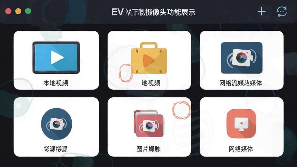 EV虚拟摄像头功能展示图,展示软件支持本地视频、图片、网络流媒体等多种输入源,布局为图标排列,风格扁平化,色彩鲜明,细节丰富,画质高清,干净无多余元素