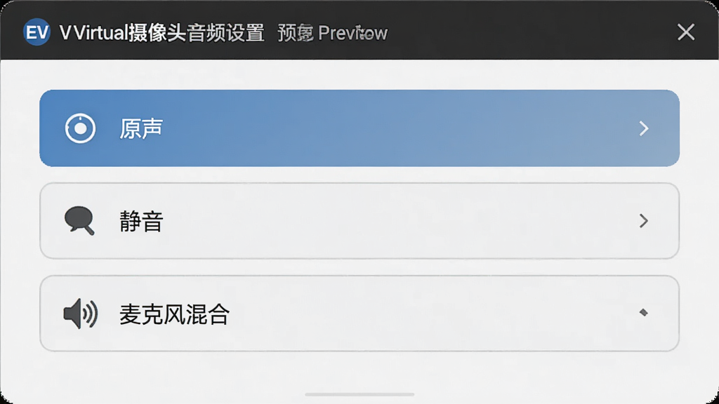 EV虚拟摄像头音频设置面板预览,主体为音频输出模式选择界面,包含原声、静音、麦克风混合等选项,布局规整,风格简洁,细节清晰,画质干净,无多余元素