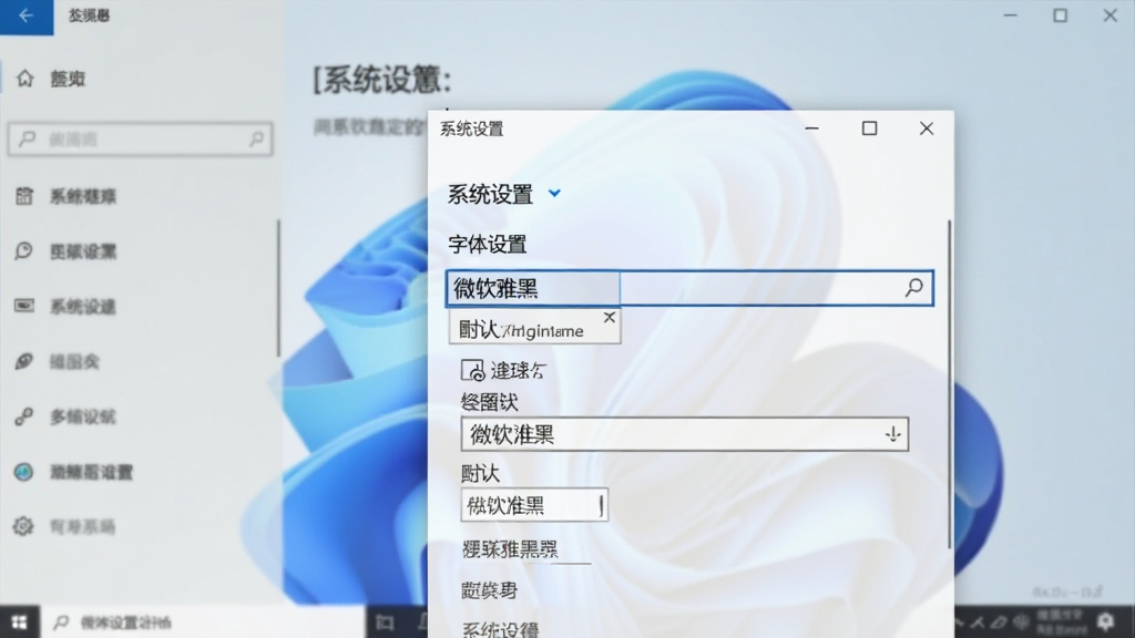 微软雅黑字体在Windows系统设置界面中的应用场景,主体为系统字体设置面板,显示微软雅黑被选为默认字体,背景为Windows设置界面,布局清晰,排版整齐,写实风格,细节真实,画质干净,无多余元素