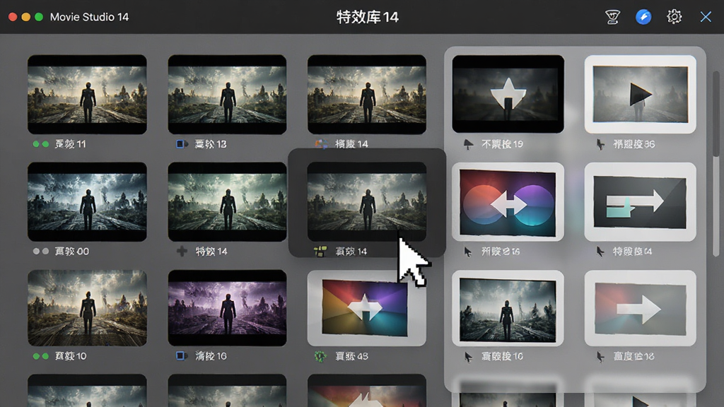 Movie Studio 14 特效库展示,包含多种滤镜缩略图和转场效果图标,鼠标悬停预览,界面现代,色彩丰富,细节清晰,画质高清,干净无多余元素