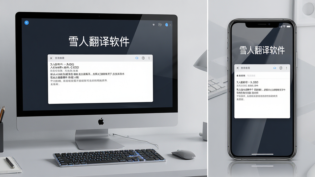 主体:雪人翻译软件在电脑和手机上同步使用的场景,电脑屏幕与手机屏幕均显示翻译界面。布局:左右分屏构图,左侧为电脑,右侧为手机,背景为浅灰色工作台。排版:两个屏幕上的界面内容一致,显示“雪人翻译软件”字样,整体协调。风格:写实风格,光线柔和,色彩自然。细节:电脑键盘有微光,手机屏幕有反射光,两者均有翻译结果展示。画质:高清,干净无多余元素。