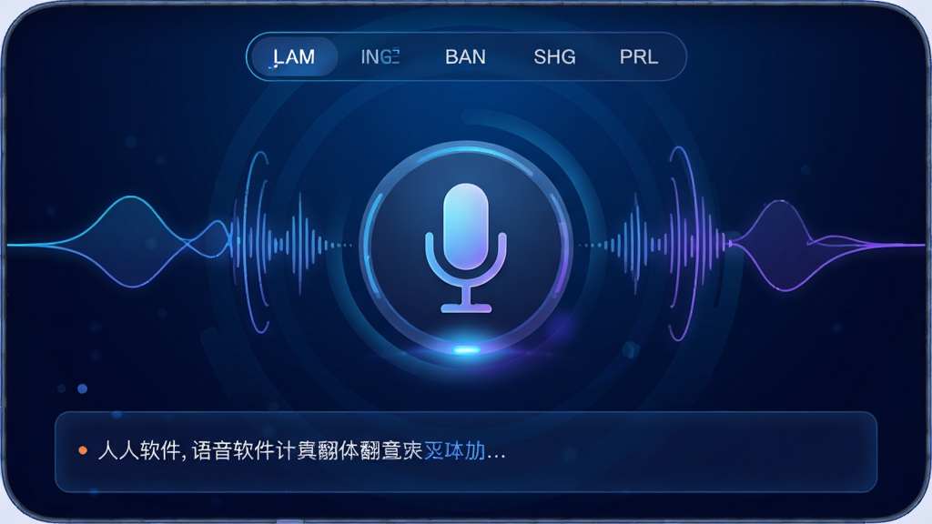主体:雪人翻译软件的语音翻译界面,一个麦克风图标位于中央,周围有语音波形动画。布局:居中构图,麦克风图标醒目,背景为深蓝色科技感渐变。排版:顶部有语言选择栏,底部有文字翻译结果显示区域。风格:科技感强,动态波形线条流畅,色彩以蓝紫为主。细节:麦克风按钮有呼吸灯效果,波形随声音起伏,整体氛围现代且充满动感。画质:高清渲染,干净无多余元素。