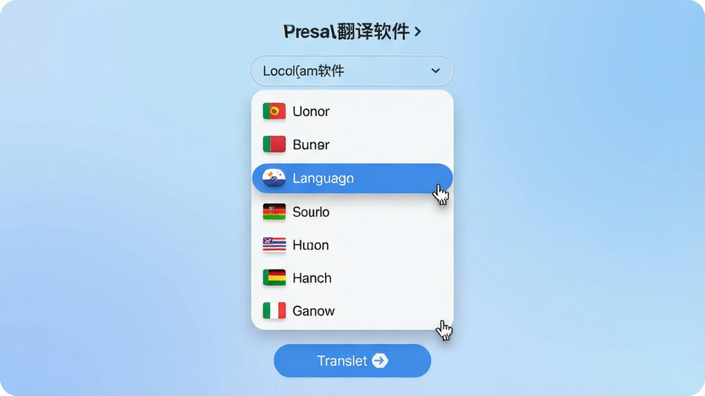 主体:雪人翻译软件的多语种选择界面,下拉菜单显示多国语言名称。布局:界面居中,语言列表以纵向排列展示,背景为柔和的渐变蓝色。排版:语言选项字体清晰,当前选中语言高亮显示,整体简洁明了。风格:现代UI设计,圆角元素,色彩清新。细节:每个语言前有对应国旗图标,鼠标悬停时有浅色阴影效果,界面底部有翻译按钮。画质:高清细腻,干净无多余元素。
