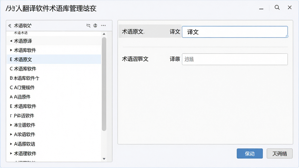 主体:雪人翻译软件的术语库管理界面,左侧为术语列表,右侧为编辑区域。布局:左右分栏布局,左侧列表清晰展示术语条目,右侧为详细编辑框。排版:术语条目按字母顺序排列,编辑框内有术语原文和译文输入栏。风格:简洁商务风,背景为浅白色,边框线条细腻。细节:术语列表有滚动条,编辑框有保存和取消按钮,整体界面干净整洁。画质:高分辨率,细节清晰,无多余元素。