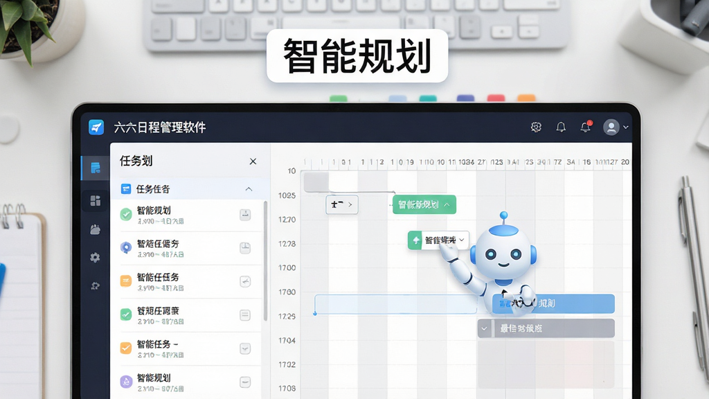 一张功能展示图,主体为“六六日程管理软件”的智能规划界面,左侧为任务列表,右侧为时间轴,一个虚拟助手图标正在拖拽任务到最佳时段,背景为浅灰色工作台,布局清晰,风格简洁,文字标签“智能规划”置于顶部,画质高清,干净无多余元素。