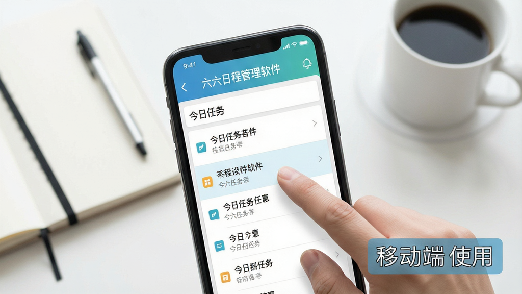 一张使用教程示意图,主体为“六六日程管理软件”的移动端界面,手机屏幕显示今日任务列表,手指正在点击某个任务,背景为简约办公桌,有笔记本和咖啡杯,布局干净,风格清新,画质高清,文字标签“移动端使用”可见,无多余元素。