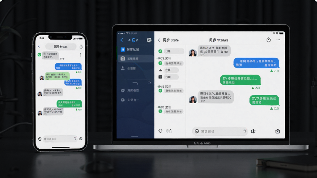 EV多聊多端同步功能示意图,主体为一部手机与一台笔记本电脑并排放置,屏幕中显示相同的聊天界面,布局对称,排版简洁,风格科技感,细节包括同步状态标识与消息气泡,画质清晰干净
