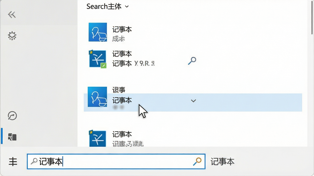 主体:联想开始菜单的搜索功能演示,搜索框中输入“记事本”。布局:搜索框位于开始菜单底部,上方展示搜索结果列表。排版:结果按类型分组,图标清晰。风格:简洁明亮,白色背景。细节:搜索结果高亮显示,鼠标光标停留在“记事本”上。画质:高清,干净,无多余元素。