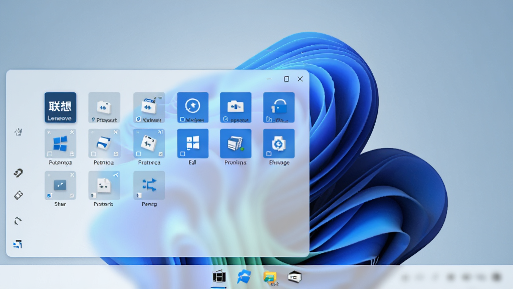主体:联想开始菜单在Windows 11系统上的运行效果,任务栏显示开始菜单图标。布局:桌面背景简洁,开始菜单弹出。排版:图标排列整齐,与系统风格融合。风格:Windows 11风格,圆角窗口。细节:开始菜单图标带有“联想”字样,桌面无多余图标。画质:高清,干净,无多余元素。
