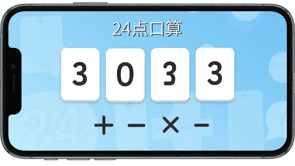 一幅展示智能手机屏幕上有“24点口算”应用界面的高清数字插画,界面中央显示四个数字卡片和加减乘除符号,背景为浅蓝色渐变,整体风格简洁明亮,突出数学益智与口算训练主题,画质清晰,干净无多余元素