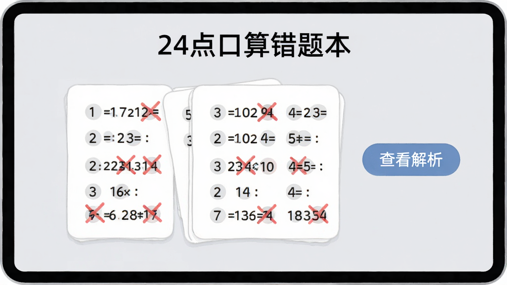 一幅展示24点口算错题本界面的插画,画面中央是几道带有红色叉号的算式卡片,旁边有“查看解析”按钮,背景为淡灰色,风格简洁清晰,突出学习与巩固功能,画质干净,无多余元素