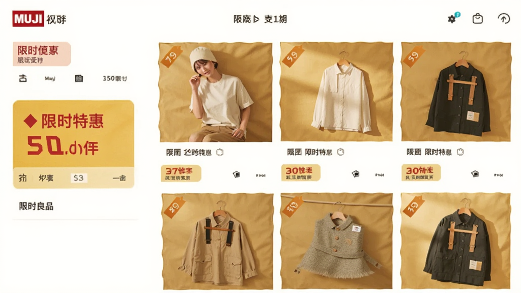 MUJI��ӡ��ƷӦ�ô����ҳ�棬չʾ������ƷͼƬ����ǩΪ����ʱ�ػݡ���ů��ɫ������Ʒ�������룬��Χ��ܰ�����ʸɾ����޶���Ԫ��