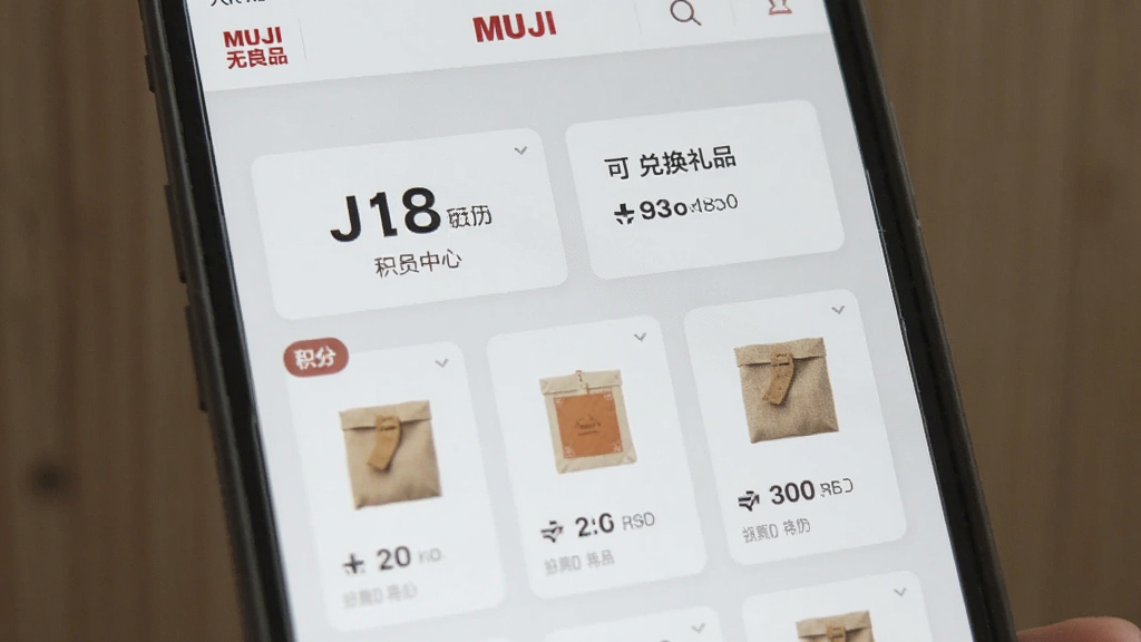 MUJI��ӡ��ƷӦ�û�Ա����ҳ�棬��ʾ����������ɶһ���Ʒ�б�������Ϊ����ɫ����Ƭʽ���֣����󷽣�������ͣ��ɾ��޶���Ԫ��
