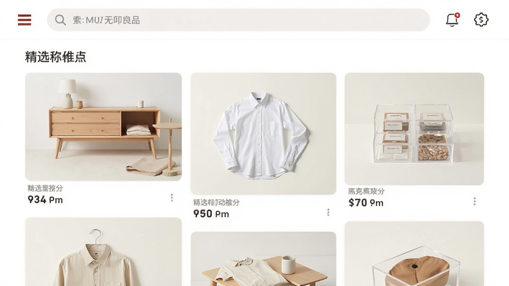 һ���ִ���Լ���ĵ���Ӧ�ý��棬չʾMUJI��ӡ��Ʒ�ٷ�Ӧ����ҳ�棬�������������в�Ϊ��ѡ��Ʒ�ٲ���������ԭľɫ�Ҿߡ����޳������ǿ������ɺеȣ�����ɫ���װ���ԭľɫ���ɾ��������Ű����׳��㣬���ʸ��壬�ɾ��޶���Ԫ��