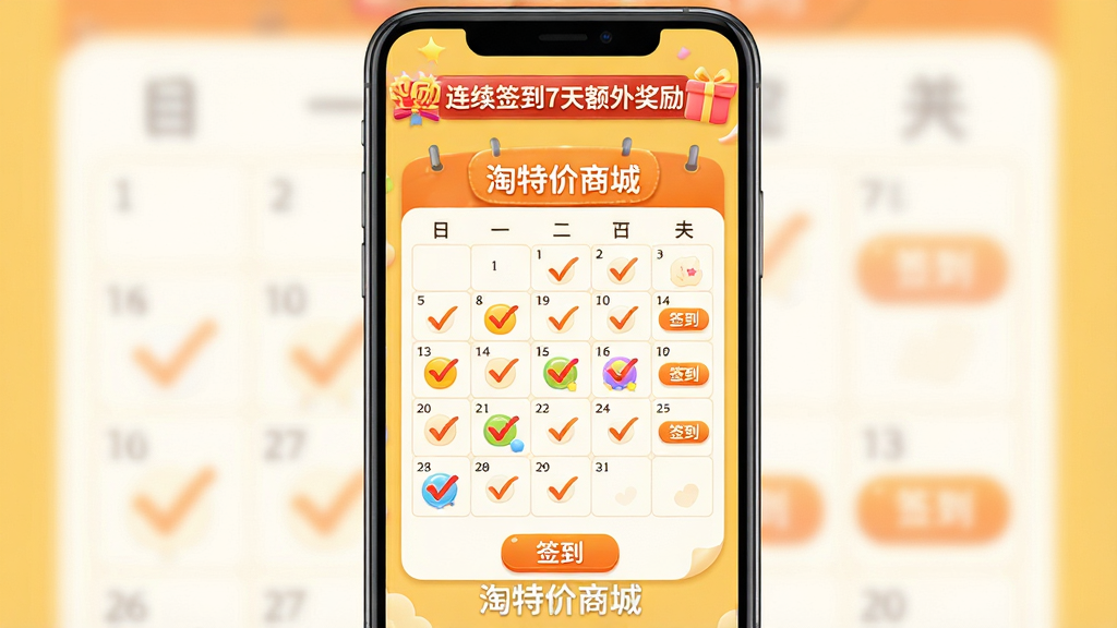 主体:淘特价商城签到页面,展示一个日历样式的签到表,已签到的日期上打勾,未签到的日期有“签到”按钮,顶部显示“连续签到7天额外奖励”的横幅。布局:手机竖屏,背景为暖黄色,签到表居中。排版:日期格子整齐排列,奖励图标用彩色点缀。风格:温馨活泼。细节:签到按钮为橙色,底部有“淘特价商城”水印。画质:高清,无多余元素