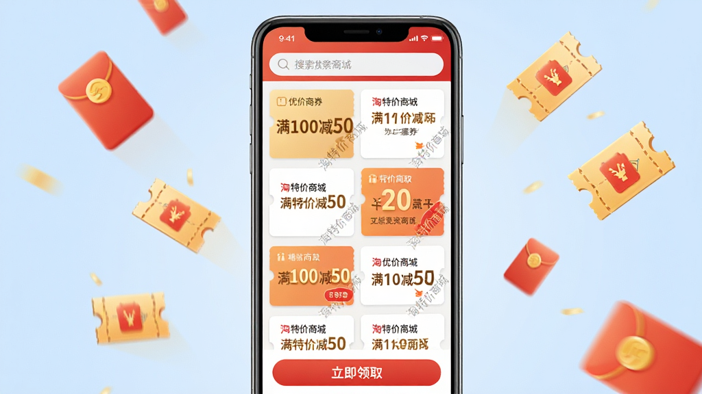 主体:手机屏幕展示淘特价商城的优惠券列表页面,顶部有搜索栏,下方是各种面额的优惠券卡片,卡片上有“满100减50”等字样。布局:手机竖屏居中,背景为淡蓝色,周围漂浮着红包、优惠券图标。排版:优惠券卡片错落有致,面额数字用大号金色字体突出。风格:现代简约,带有喜庆的电商风格。细节:优惠券卡片上印有“淘特价商城”水印,底部有“立即领取”按钮。画质:高清,细节丰富,无多余元素