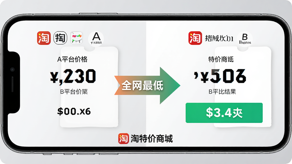 主体:淘特价商城的智能比价功能界面,屏幕分成左右两半,左边显示某商品在A平台的价格,右边显示B平台的价格,中间有“全网最低”标识。布局:手机横屏展示,背景为浅灰色,中央有醒目的对比箭头。排版:价格数字用大号黑体,平台logo清晰可辨。风格:科技感,简洁直观。细节:屏幕底部有“淘特价商城”品牌logo,比价结果用绿色高亮显示最低价。画质:清晰,无多余元素